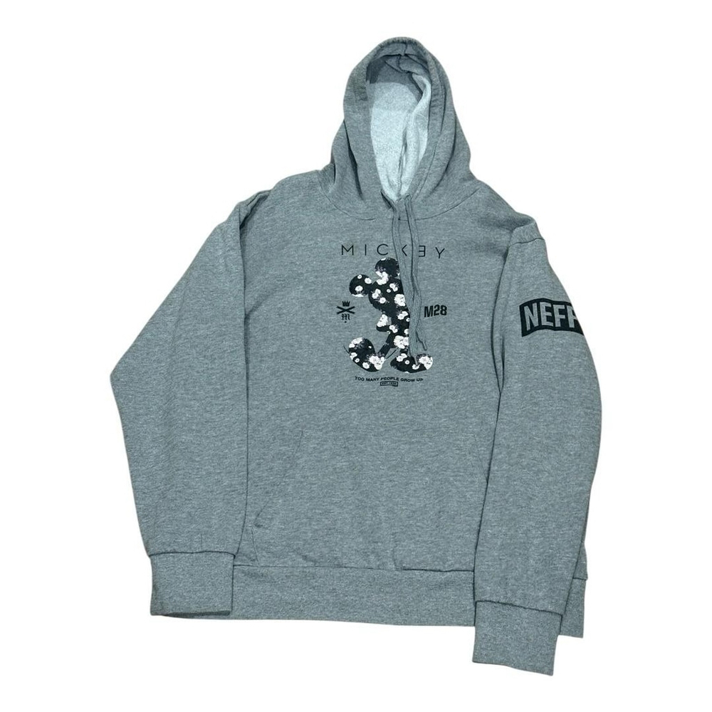Disney Mickey Hoodie Womens L Gray Neff Floral Sequin Graphic Pullover Fleece